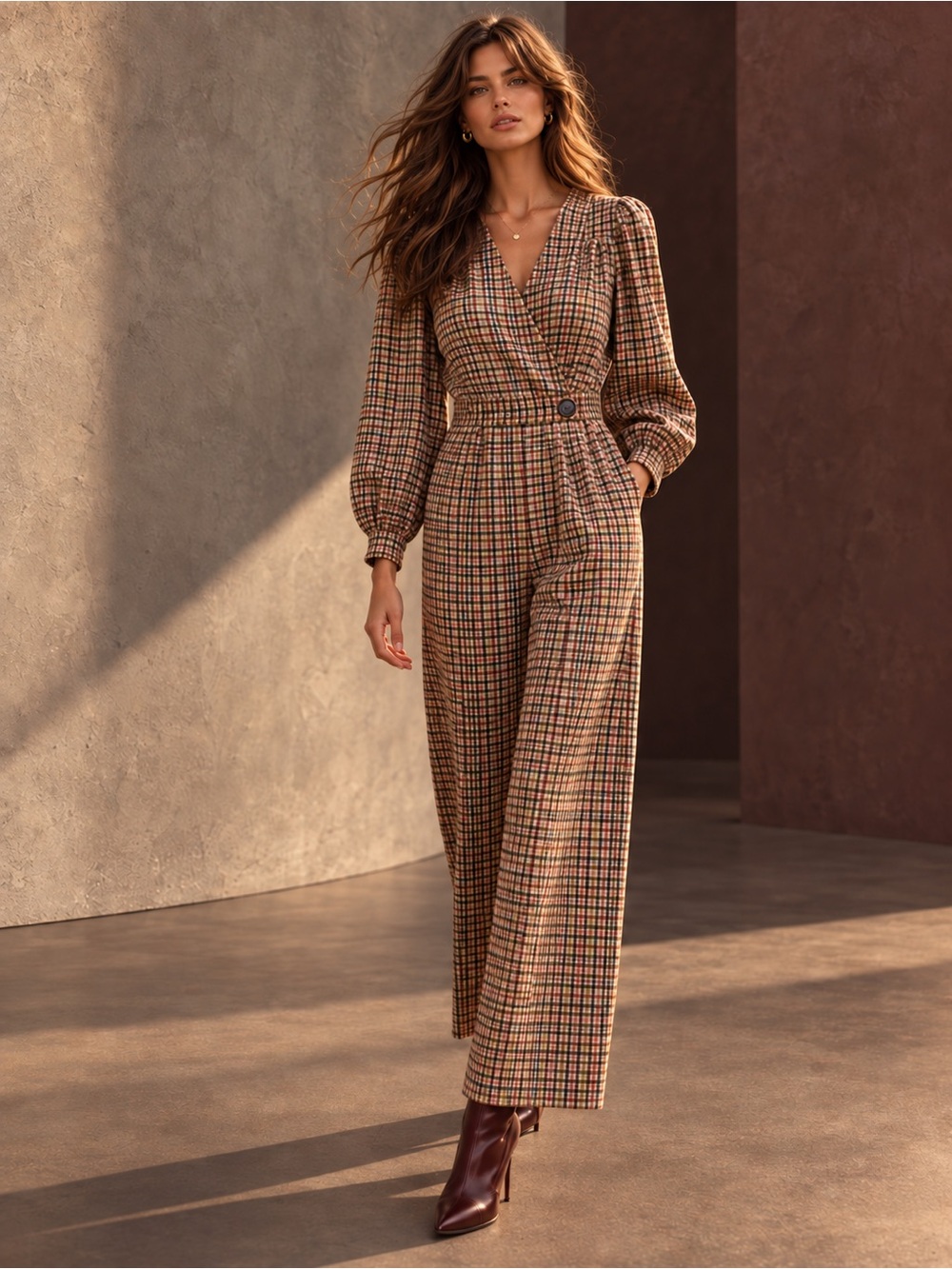 FRNCH NWT Gingham Plaid Wide Leg Horn Shell Jumpsuit, Size M